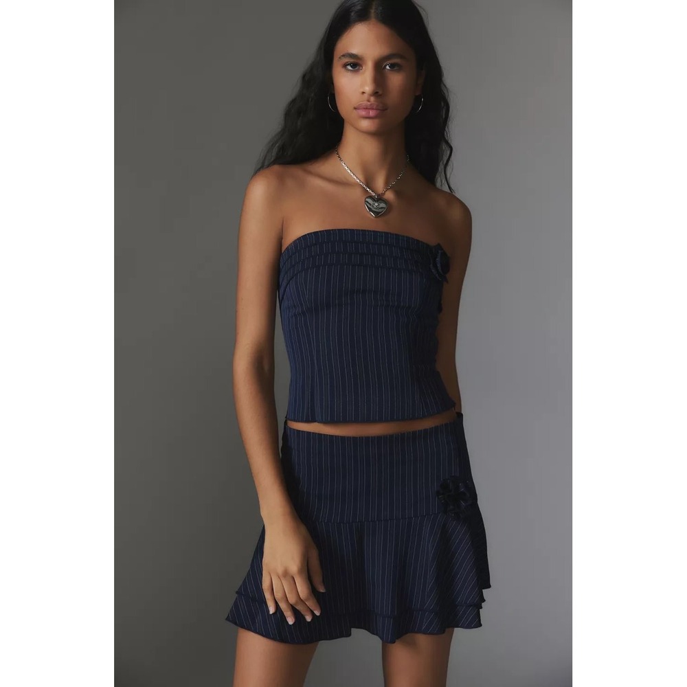 Motel Randu Rosette Strapless Tube Top & Mini Skirt Set Navy Pinstripe Size M